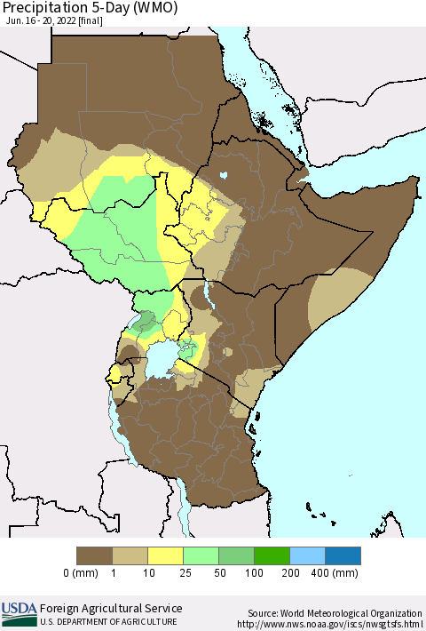 Eastern Africa Precipitation 5-Day (WMO) Thematic Map For 6/16/2022 - 6/20/2022