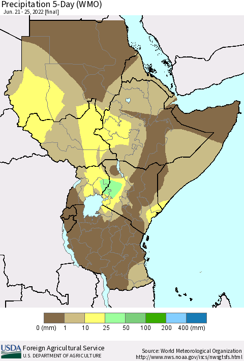 Eastern Africa Precipitation 5-Day (WMO) Thematic Map For 6/21/2022 - 6/25/2022