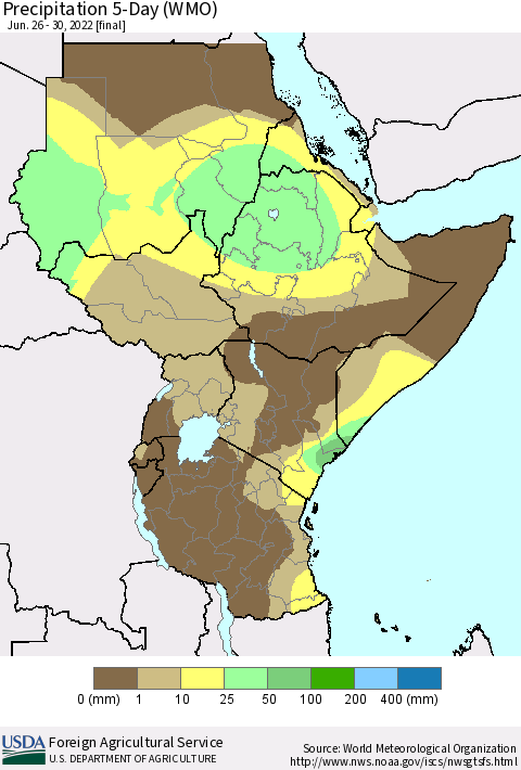 Eastern Africa Precipitation 5-Day (WMO) Thematic Map For 6/26/2022 - 6/30/2022
