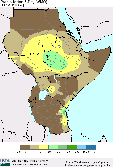 Eastern Africa Precipitation 5-Day (WMO) Thematic Map For 7/1/2022 - 7/5/2022
