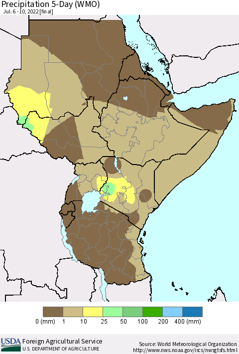 Eastern Africa Precipitation 5-Day (WMO) Thematic Map For 7/6/2022 - 7/10/2022