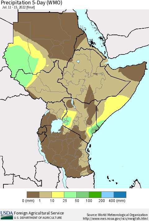 Eastern Africa Precipitation 5-Day (WMO) Thematic Map For 7/11/2022 - 7/15/2022