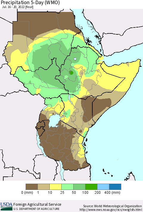 Eastern Africa Precipitation 5-Day (WMO) Thematic Map For 7/16/2022 - 7/20/2022