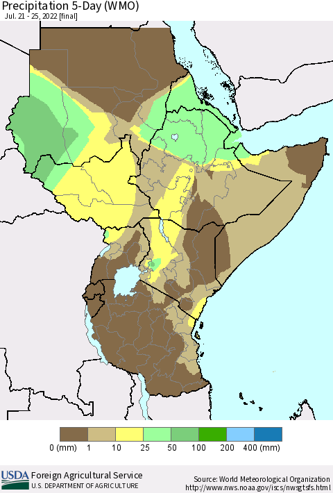 Eastern Africa Precipitation 5-Day (WMO) Thematic Map For 7/21/2022 - 7/25/2022
