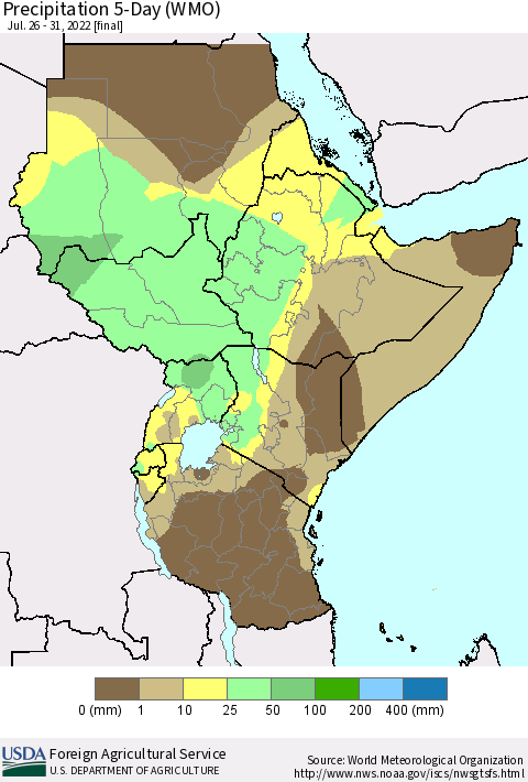 Eastern Africa Precipitation 5-Day (WMO) Thematic Map For 7/26/2022 - 7/31/2022