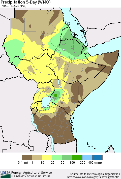 Eastern Africa Precipitation 5-Day (WMO) Thematic Map For 8/1/2022 - 8/5/2022
