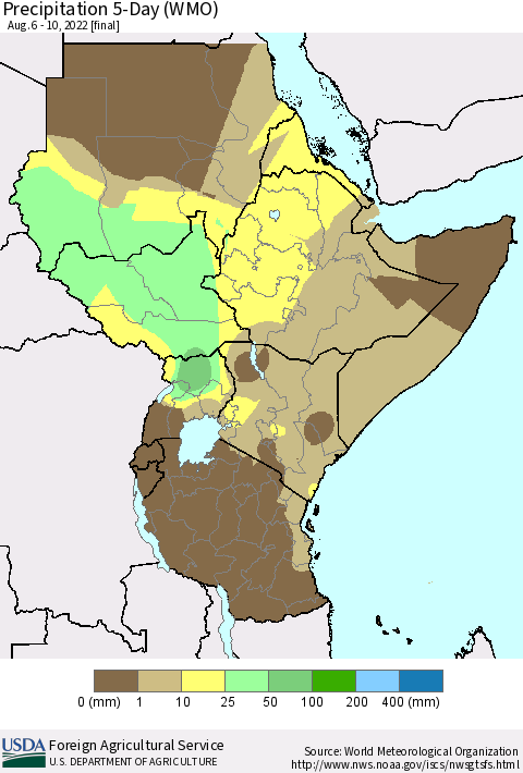 Eastern Africa Precipitation 5-Day (WMO) Thematic Map For 8/6/2022 - 8/10/2022