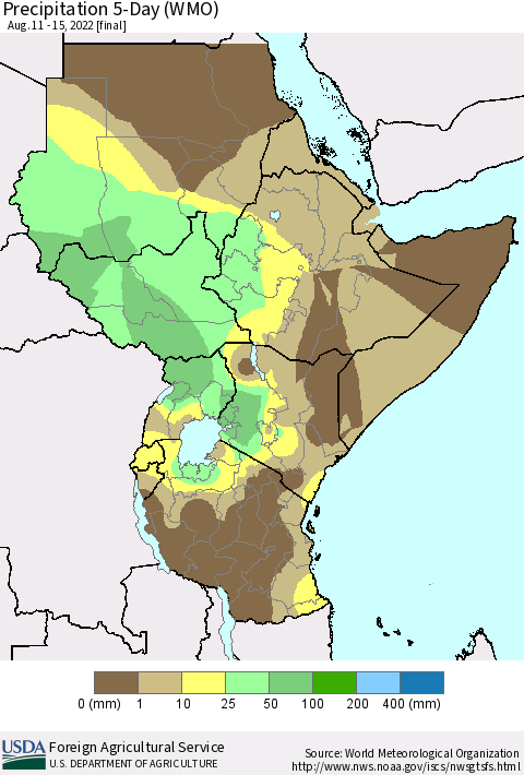 Eastern Africa Precipitation 5-Day (WMO) Thematic Map For 8/11/2022 - 8/15/2022