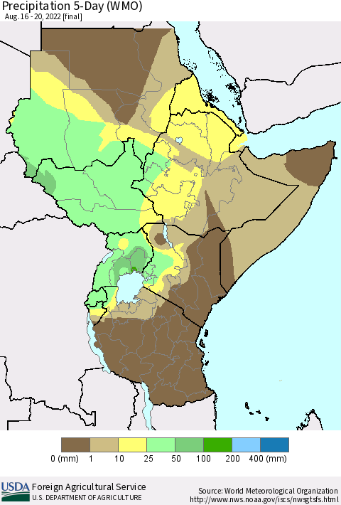 Eastern Africa Precipitation 5-Day (WMO) Thematic Map For 8/16/2022 - 8/20/2022