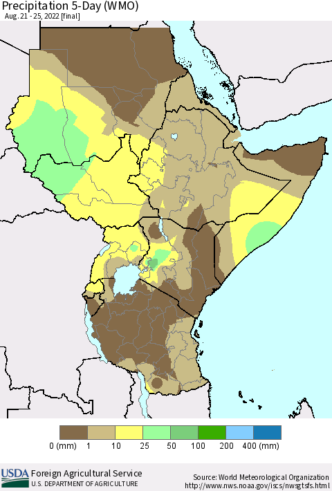 Eastern Africa Precipitation 5-Day (WMO) Thematic Map For 8/21/2022 - 8/25/2022