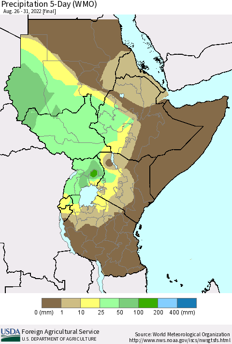 Eastern Africa Precipitation 5-Day (WMO) Thematic Map For 8/26/2022 - 8/31/2022
