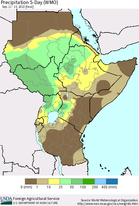 Eastern Africa Precipitation 5-Day (WMO) Thematic Map For 9/11/2022 - 9/15/2022