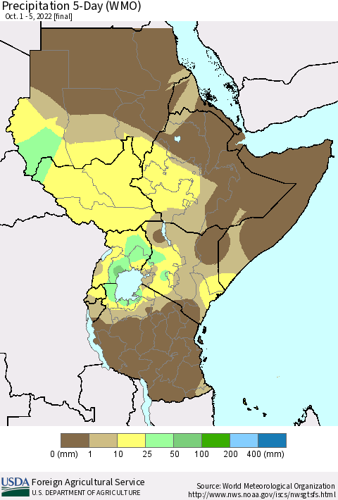 Eastern Africa Precipitation 5-Day (WMO) Thematic Map For 10/1/2022 - 10/5/2022