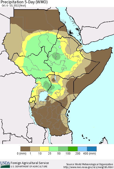 Eastern Africa Precipitation 5-Day (WMO) Thematic Map For 10/6/2022 - 10/10/2022