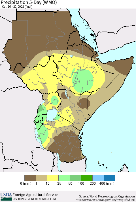 Eastern Africa Precipitation 5-Day (WMO) Thematic Map For 10/16/2022 - 10/20/2022