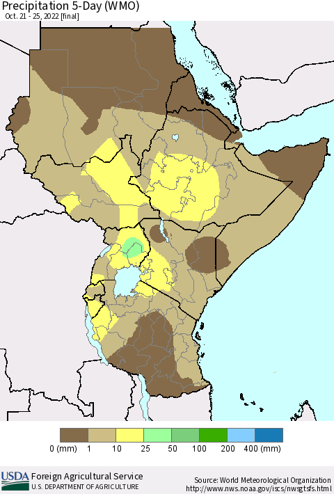 Eastern Africa Precipitation 5-Day (WMO) Thematic Map For 10/21/2022 - 10/25/2022