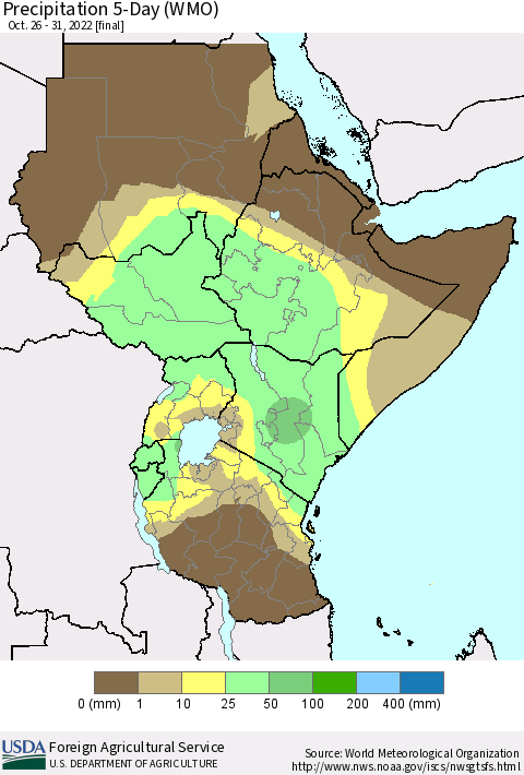 Eastern Africa Precipitation 5-Day (WMO) Thematic Map For 10/26/2022 - 10/31/2022