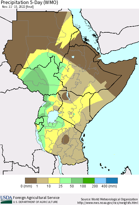 Eastern Africa Precipitation 5-Day (WMO) Thematic Map For 11/11/2022 - 11/15/2022