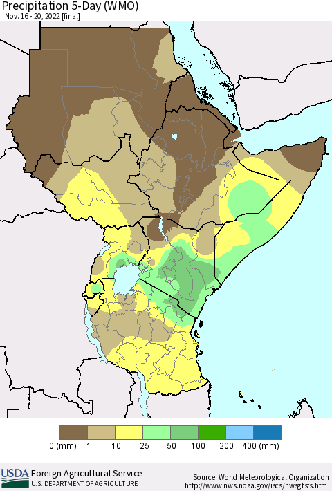 Eastern Africa Precipitation 5-Day (WMO) Thematic Map For 11/16/2022 - 11/20/2022