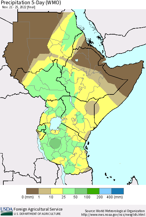 Eastern Africa Precipitation 5-Day (WMO) Thematic Map For 11/21/2022 - 11/25/2022