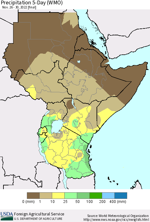 Eastern Africa Precipitation 5-Day (WMO) Thematic Map For 11/26/2022 - 11/30/2022