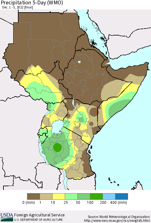 Eastern Africa Precipitation 5-Day (WMO) Thematic Map For 12/1/2022 - 12/5/2022