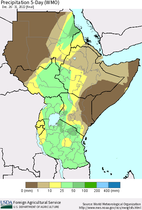 Eastern Africa Precipitation 5-Day (WMO) Thematic Map For 12/26/2022 - 12/31/2022