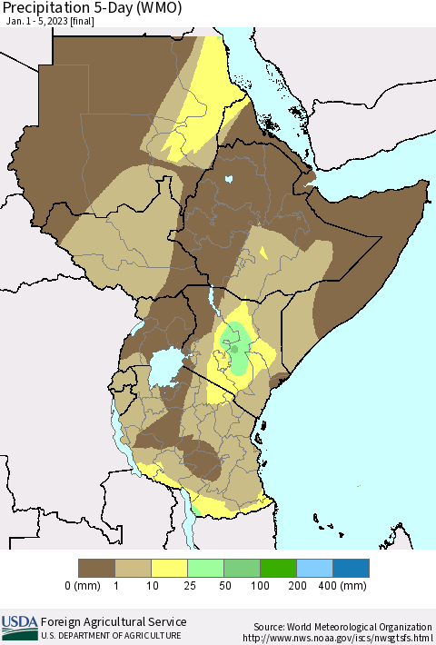 Eastern Africa Precipitation 5-Day (WMO) Thematic Map For 1/1/2023 - 1/5/2023