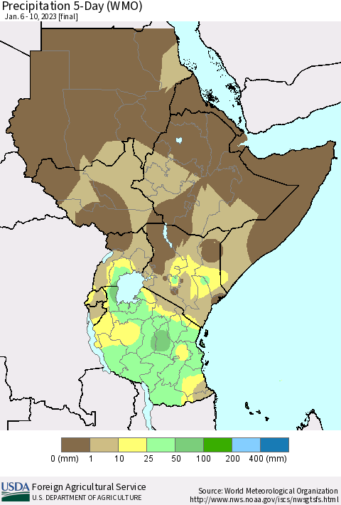 Eastern Africa Precipitation 5-Day (WMO) Thematic Map For 1/6/2023 - 1/10/2023
