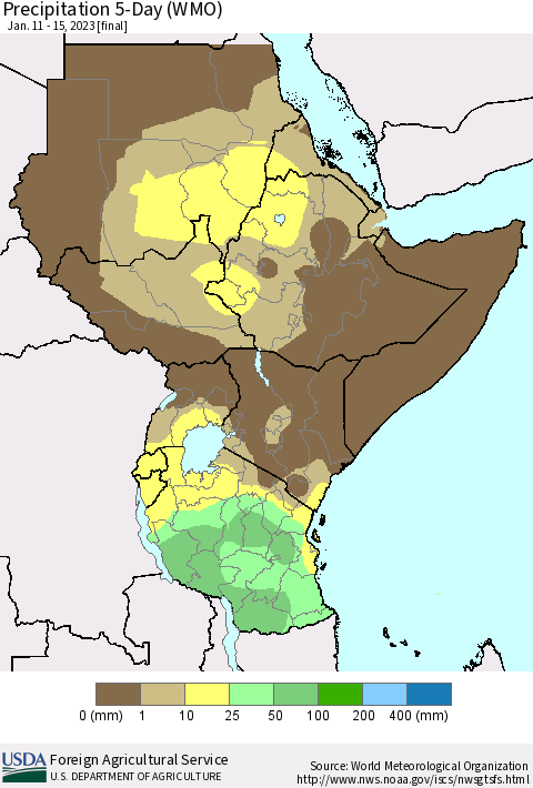 Eastern Africa Precipitation 5-Day (WMO) Thematic Map For 1/11/2023 - 1/15/2023