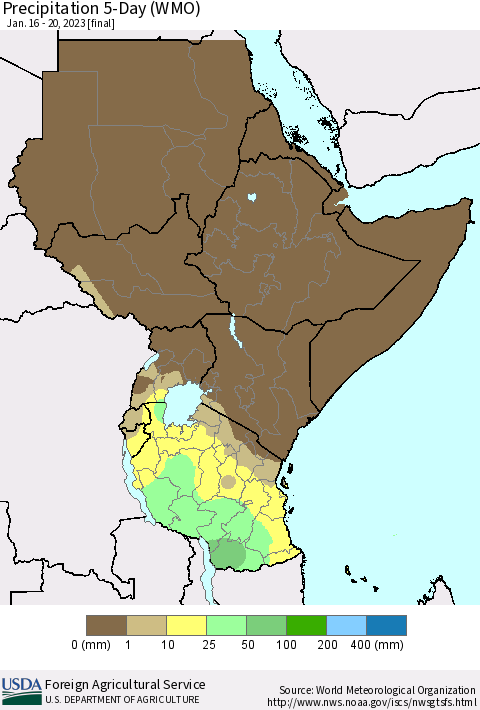 Eastern Africa Precipitation 5-Day (WMO) Thematic Map For 1/16/2023 - 1/20/2023