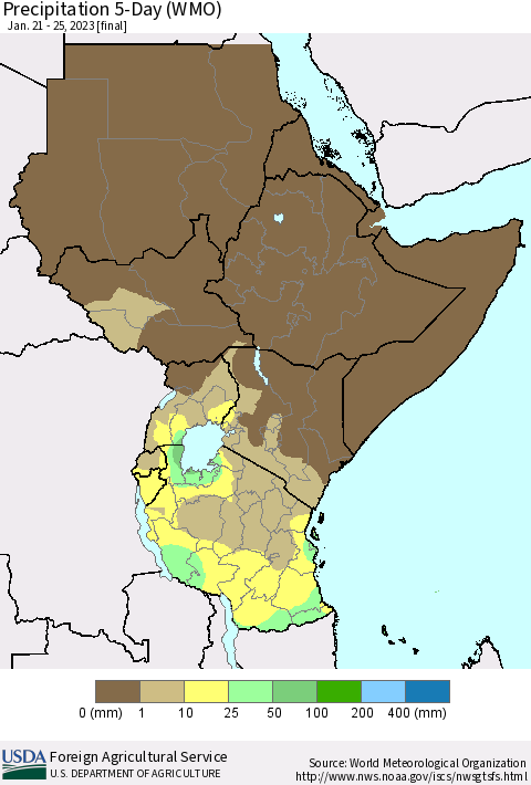 Eastern Africa Precipitation 5-Day (WMO) Thematic Map For 1/21/2023 - 1/25/2023