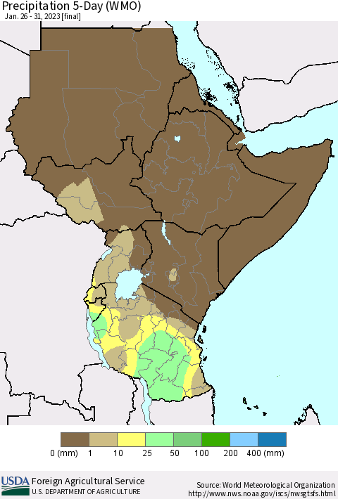 Eastern Africa Precipitation 5-Day (WMO) Thematic Map For 1/26/2023 - 1/31/2023