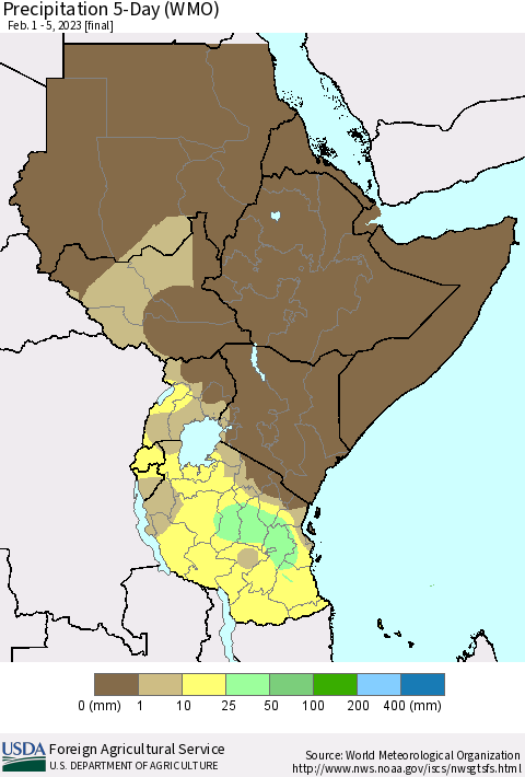 Eastern Africa Precipitation 5-Day (WMO) Thematic Map For 2/1/2023 - 2/5/2023