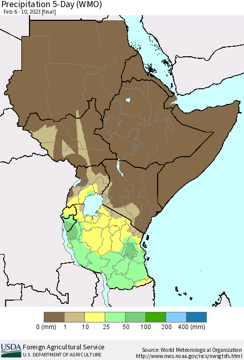 Eastern Africa Precipitation 5-Day (WMO) Thematic Map For 2/6/2023 - 2/10/2023