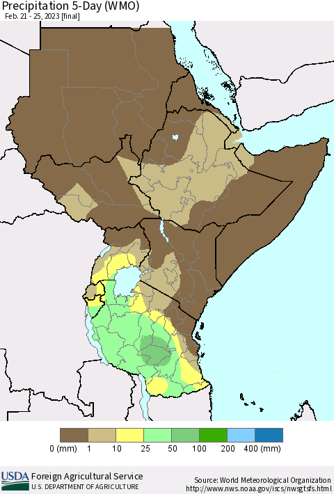 Eastern Africa Precipitation 5-Day (WMO) Thematic Map For 2/21/2023 - 2/25/2023