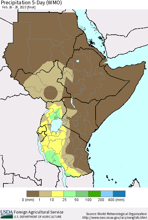 Eastern Africa Precipitation 5-Day (WMO) Thematic Map For 2/26/2023 - 2/28/2023