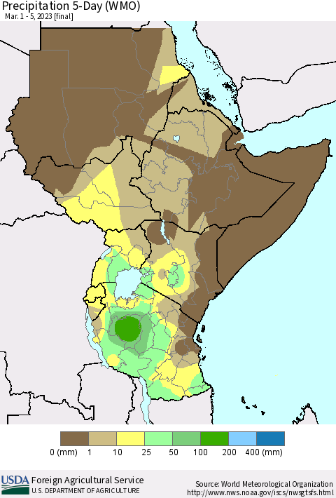 Eastern Africa Precipitation 5-Day (WMO) Thematic Map For 3/1/2023 - 3/5/2023