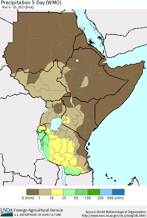 Eastern Africa Precipitation 5-Day (WMO) Thematic Map For 3/6/2023 - 3/10/2023