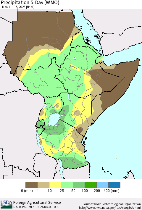 Eastern Africa Precipitation 5-Day (WMO) Thematic Map For 3/11/2023 - 3/15/2023