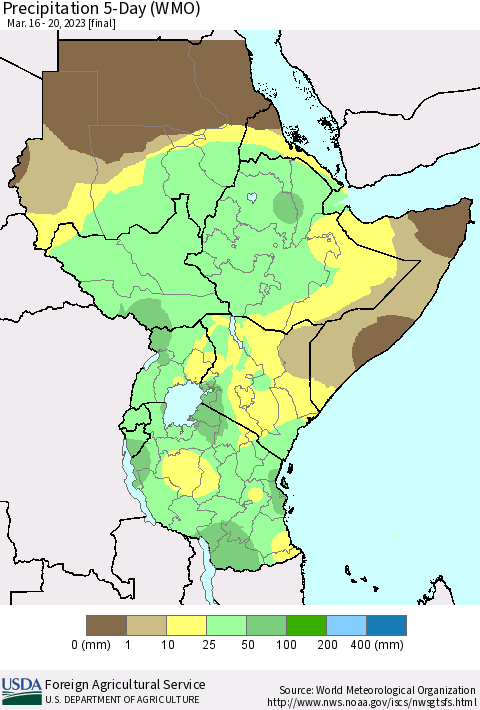 Eastern Africa Precipitation 5-Day (WMO) Thematic Map For 3/16/2023 - 3/20/2023