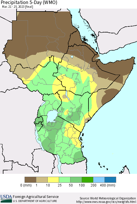 Eastern Africa Precipitation 5-Day (WMO) Thematic Map For 3/21/2023 - 3/25/2023