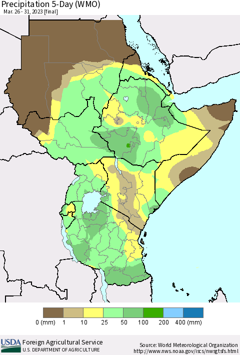 Eastern Africa Precipitation 5-Day (WMO) Thematic Map For 3/26/2023 - 3/31/2023