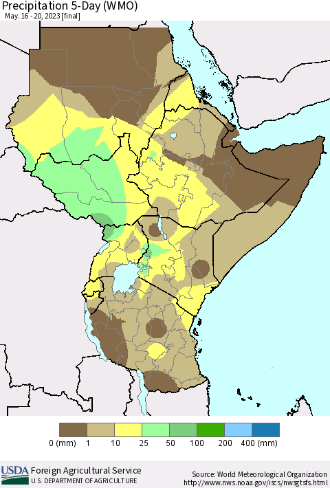 Eastern Africa Precipitation 5-Day (WMO) Thematic Map For 5/16/2023 - 5/20/2023