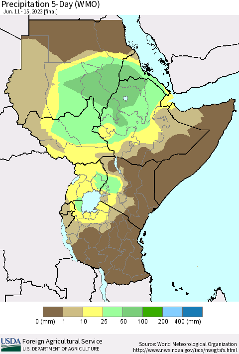 Eastern Africa Precipitation 5-Day (WMO) Thematic Map For 6/11/2023 - 6/15/2023