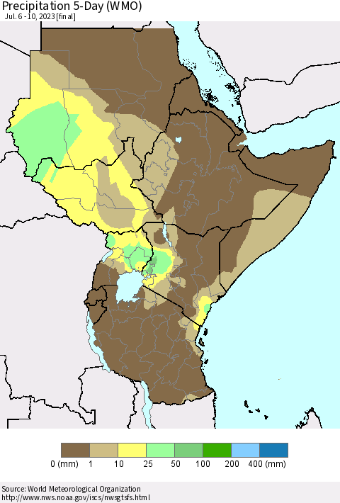 Eastern Africa Precipitation 5-Day (WMO) Thematic Map For 7/6/2023 - 7/10/2023