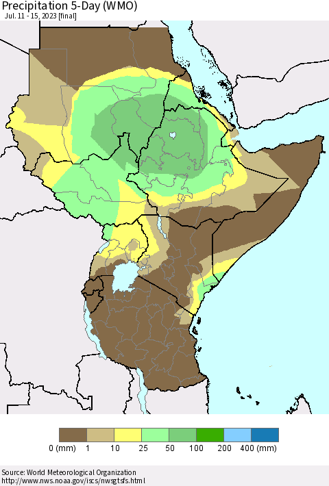 Eastern Africa Precipitation 5-Day (WMO) Thematic Map For 7/11/2023 - 7/15/2023