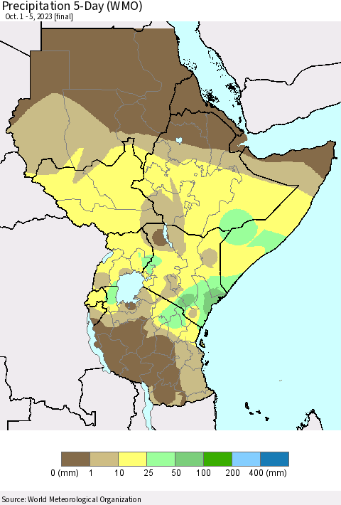 Eastern Africa Precipitation 5-Day (WMO) Thematic Map For 10/1/2023 - 10/5/2023