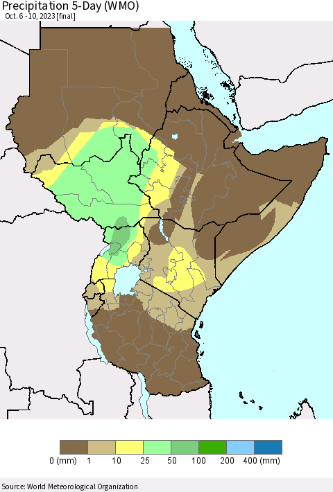 Eastern Africa Precipitation 5-Day (WMO) Thematic Map For 10/6/2023 - 10/10/2023