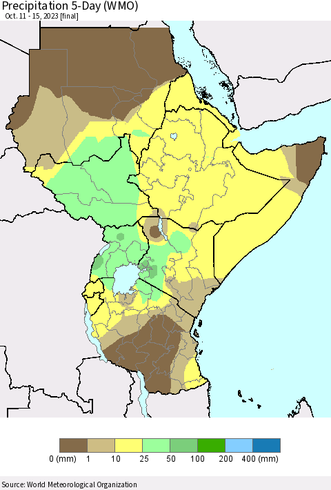 Eastern Africa Precipitation 5-Day (WMO) Thematic Map For 10/11/2023 - 10/15/2023